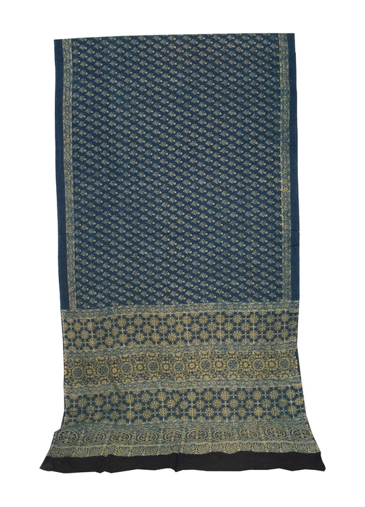 Ajrakh Mul Cotton Natural Dye Hand Block Print Saree with Ajrakh Blouse Piece - 5.5 Mtr Length + 0.85 Mtr Blouse Piece - SKU : ID14C02P