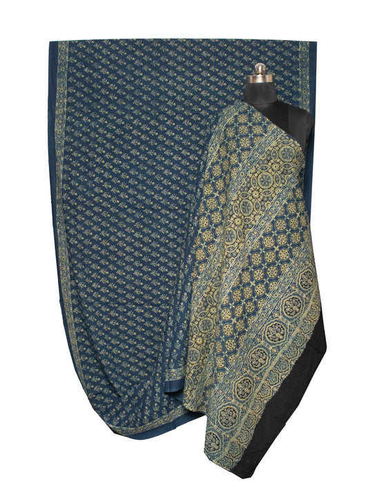 Ajrakh Mul Cotton Natural Dye Hand Block Print Saree with Ajrakh Blouse Piece - 5.5 Mtr Length + 0.85 Mtr Blouse Piece - SKU : ID14C02P