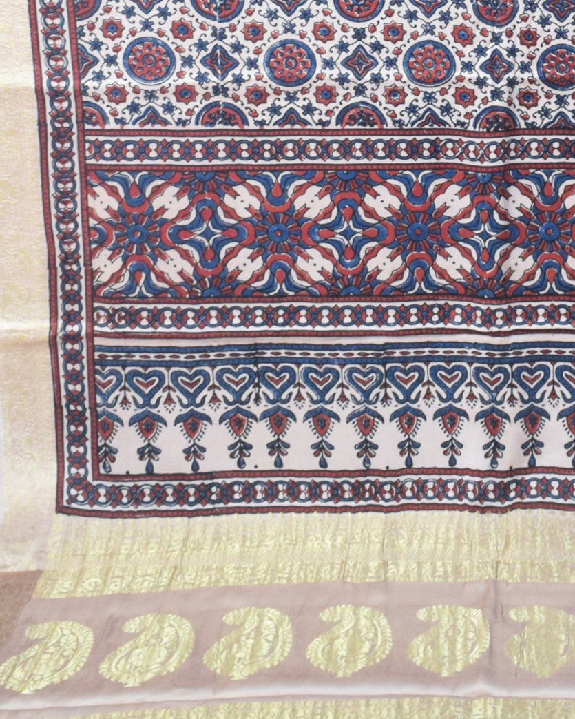 Ajrakh Modal Silk Natural Dye Designer Hand Block Print Saree With Full nakshi Border & Pallu - With Blouse Piece - 5.5 Mtr Length - SKU : IA06501B