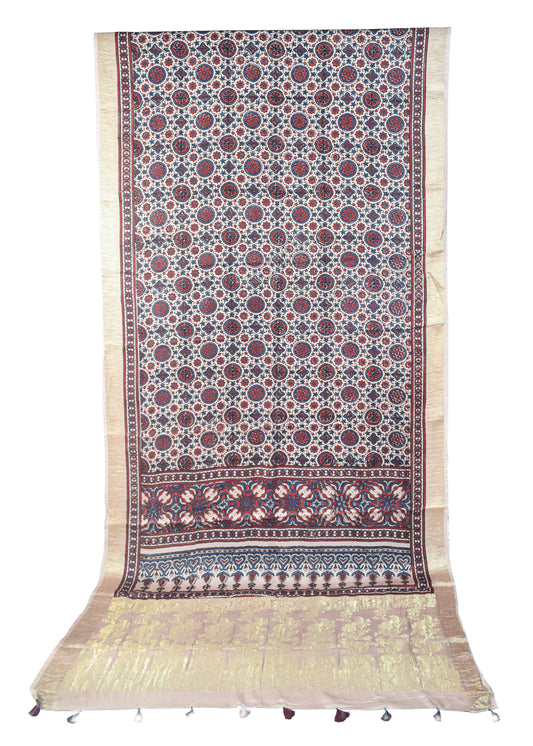 Ajrakh Modal Silk Natural Dye Designer Hand Block Print Saree With Full nakshi Border & Pallu - With Blouse Piece - 5.5 Mtr Length - SKU : IA06501E