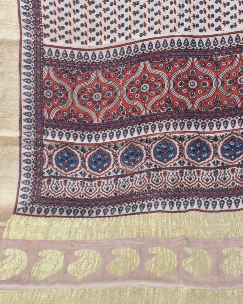 Ajrakh Modal Silk Natural Dye Designer Hand Block Print Saree With Full nakshi Border & Pallu - With Blouse Piece - 5.5 Mtr Length - SKU : IA06501G