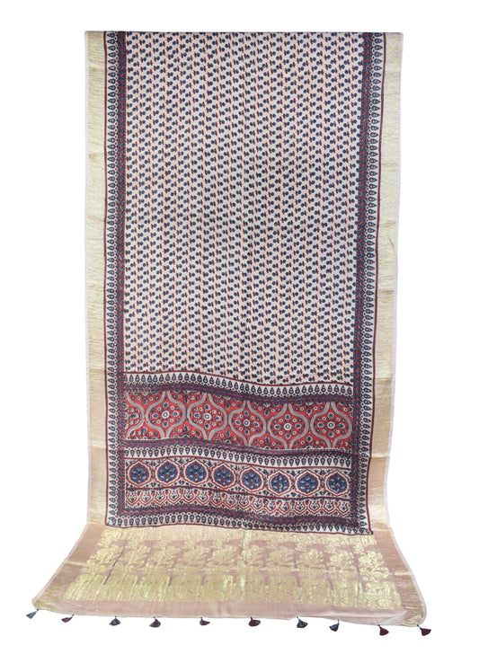 Ajrakh Modal Silk Natural Dye Designer Hand Block Print Saree With Full nakshi Border & Pallu - With Blouse Piece - 5.5 Mtr Length - SKU : IA06501H
