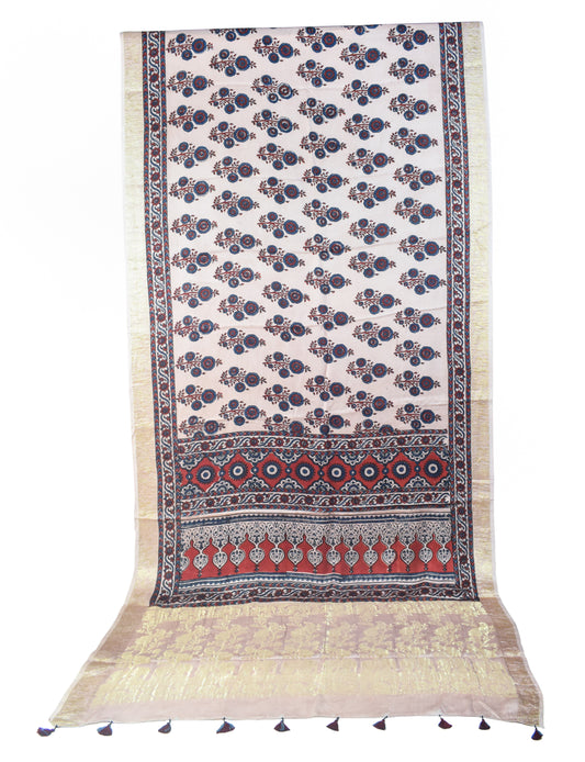 Ajrakh Modal Silk Natural Dye Designer Hand Block Print Saree With Full nakshi Border & Pallu - With Blouse Piece - 5.5 Mtr Length - SKU : IA06501K