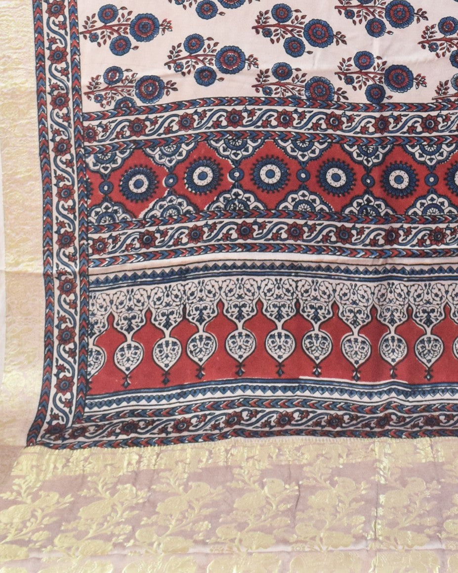 Ajrakh Modal Silk Natural Dye Designer Hand Block Print Saree With Full nakshi Border & Pallu - With Blouse Piece - 5.5 Mtr Length - SKU : IA06501K