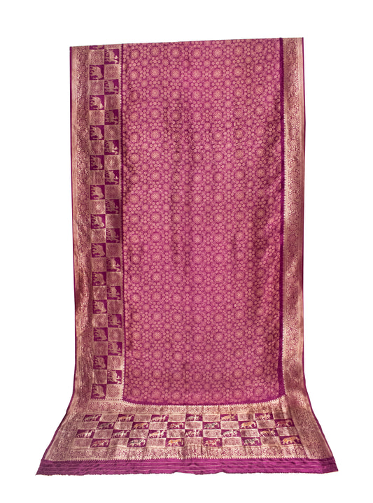 Ajrakh Dola Silk Nepthol Dye With Full Nakshi Border Screen Print Hand Printed Saree With Worked Blouse Piece     -  SKU : KK08301B