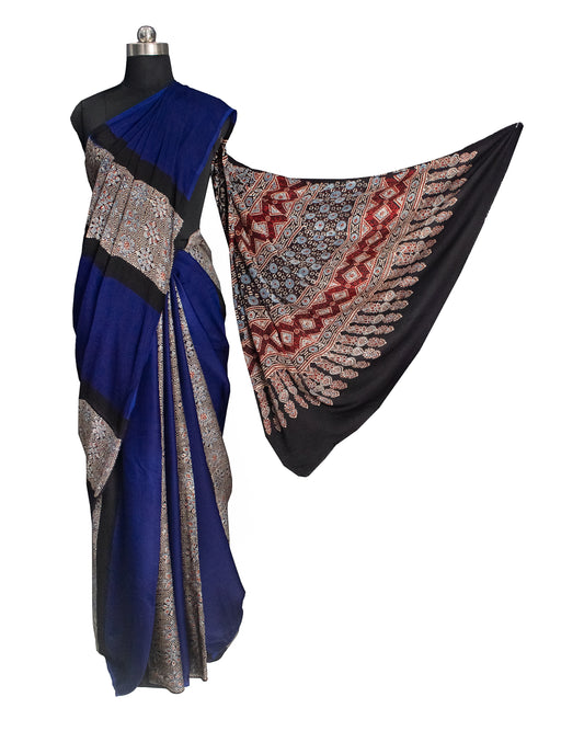 Plain Dyeing Modal Silk Part Natural Dye Half Ajrakh Hand Block Print Saree with Blouse Piece - 5.5 Mtr Length - SKU : 0095-BLBK