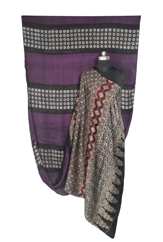 Plain Dyeing Modal Silk Part Natural Dye Half Ajrakh Hand Block Print Saree with Blouse Piece - 6 Mtr Length - SKU : 0095-PDBK