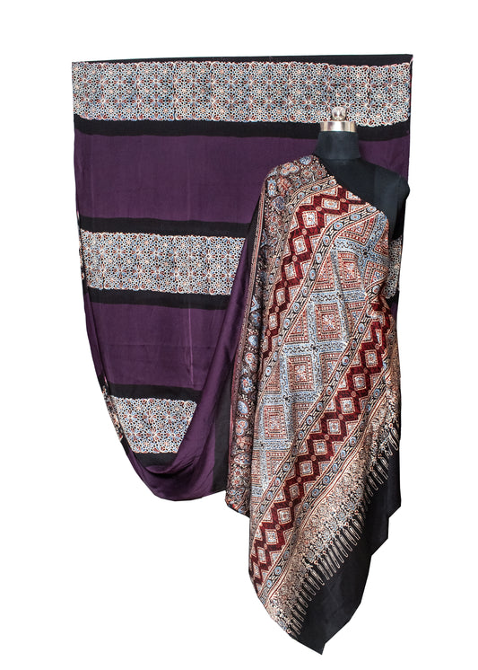 Plain Dyeing Modal Silk Part Natural Dye Half Ajrakh Hand Block Print Saree with Blouse Piece - SKU : 0095