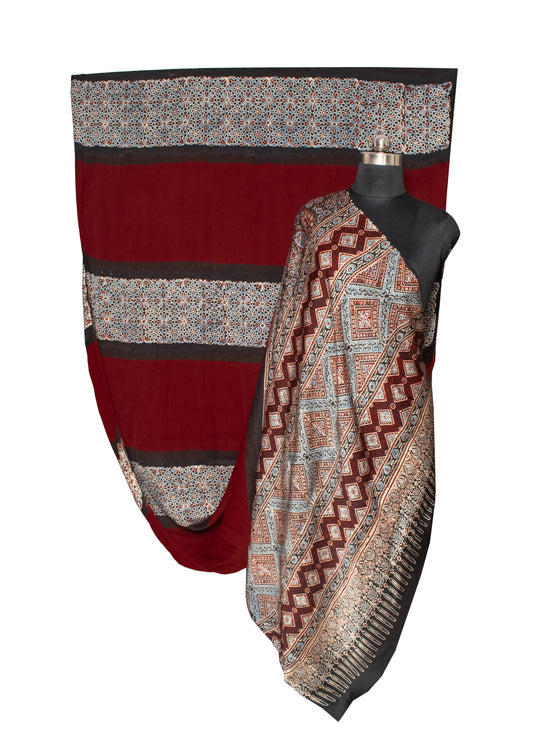 Plain Dyeing Modal Silk Part Natural Dye Half Ajrakh Hand Block Print Saree with Blouse Piece - SKU : 0095