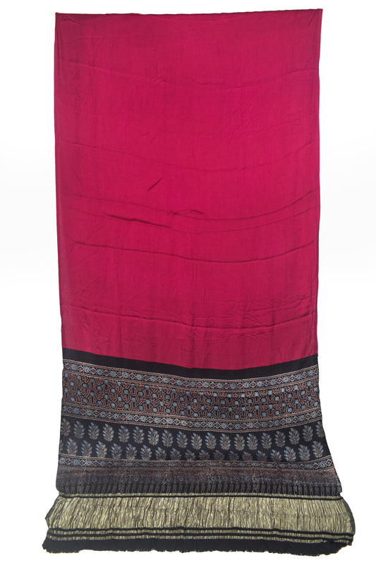 Plain Dyeing Modal Silk Part Natural Dye Natural Dye Ajrakh Pallu Saree with Golden Border - With Blouse Piece - 5.5 Mtr Length - SKU : 0109-PKBK