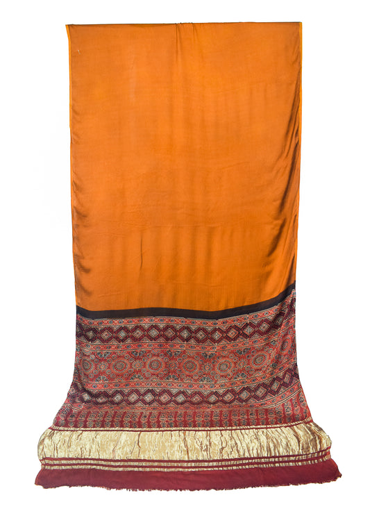Plain Dyeing Modal Silk Part Natural Dye Natural Dye Ajrakh Pallu Saree with Golden Border - With Blouse Piece - 5.5 Mtr Length - SKU : 0109-RURE