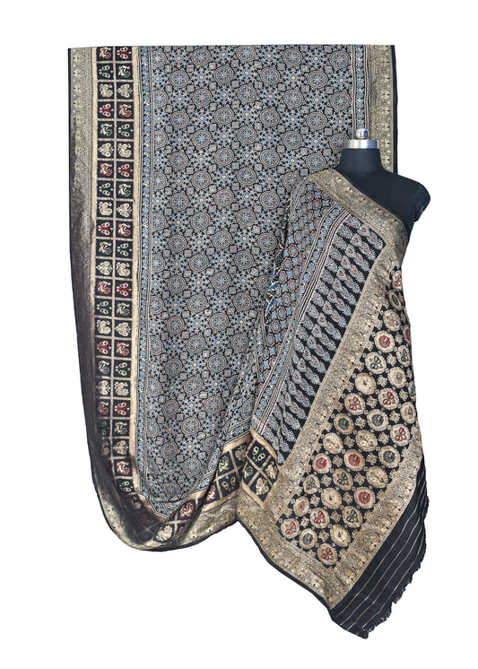 Ajrakh Dola Silk Natural Dye Hand Block Print Saree With Full nakshi Border & Pallu - 5.5 Mtr Length + 0.85 Mtr Blouse Piece - SKU : KK23A01A