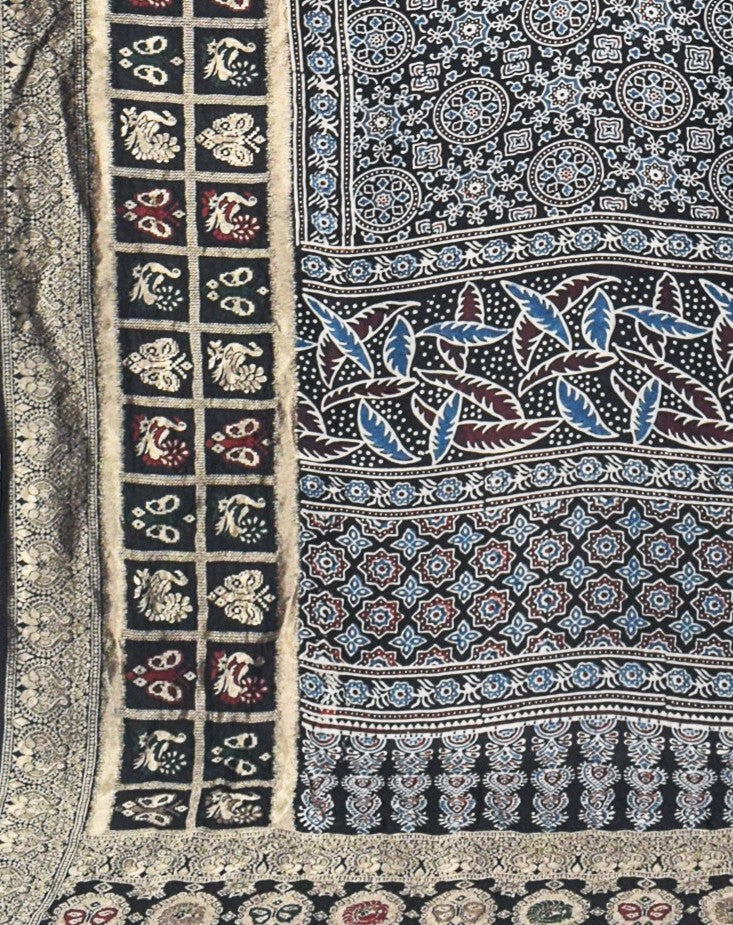 Ajrakh Dola Silk Natural Dye Hand Block Print Saree With Full nakshi Border & Pallu - 5.5 Mtr Length + 0.85 Mtr Blouse Piece - SKU : KK23A01A