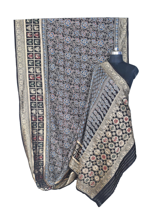 Ajrakh Dola Silk Natural Dye Hand Block Print Saree With Full nakshi Border & Pallu - 5.5 Mtr Length + 0.85 Mtr Blouse Piece - SKU : KK23A01A