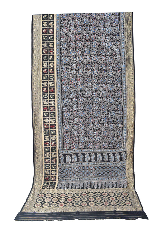 Ajrakh Dola Silk Natural Dye Hand Block Print Saree With Full nakshi Border & Pallu - 5.5 Mtr Length + 0.85 Mtr Blouse Piece - SKU : KK23A01A