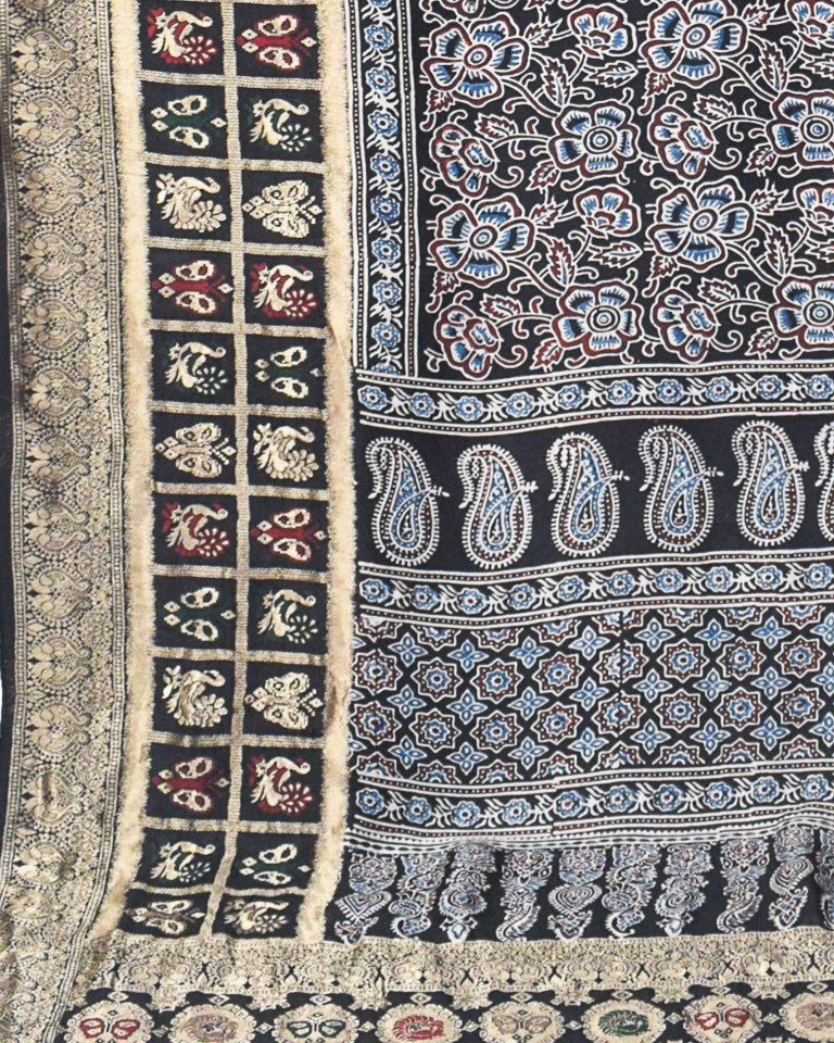 Ajrakh Dola Silk Natural Dye Hand Block Print Saree With Full nakshi Border & Pallu - 5.5 Mtr Length + 0.85 Mtr Blouse Piece - SKU : KK23A01A