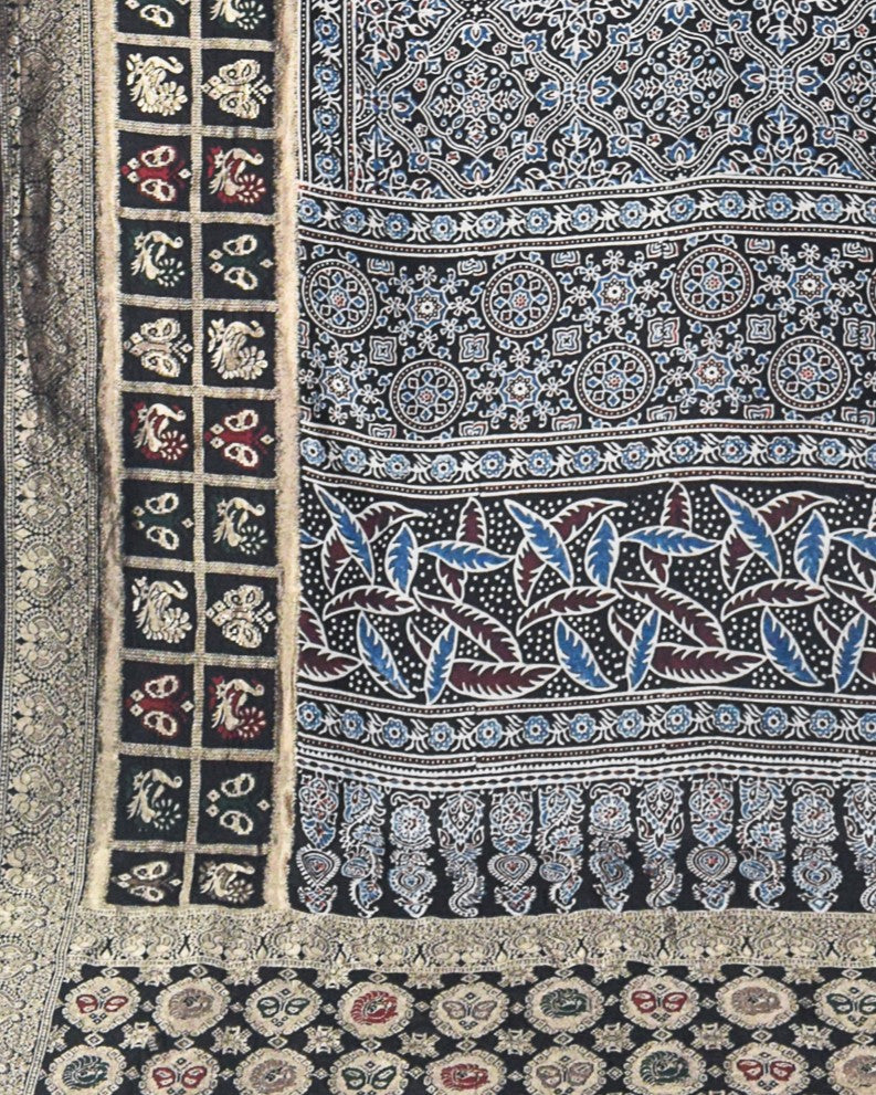Ajrakh Dola Silk Natural Dye Hand Block Print Saree With Full nakshi Border & Pallu - 5.5 Mtr Length + 0.85 Mtr Blouse Piece - SKU : KK23A01K