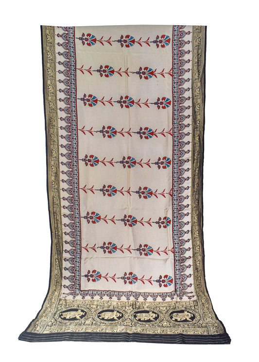 Ajrakh Dola Silk Natural Dye Hand Block Print Saree With Full nakshi Border & Pallu - With Blouse Piece - 5.5 Mtr Length - SKU : KK22701C