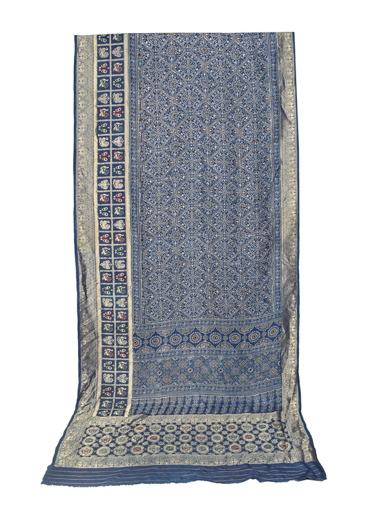Ajrakh Dola Silk Natural Dye Hand Block Print Saree With Full nakshi Border & Pallu - 5.5 Mtr Length + 0.85 Mtr Blouse Piece - SKU : KK23A01A