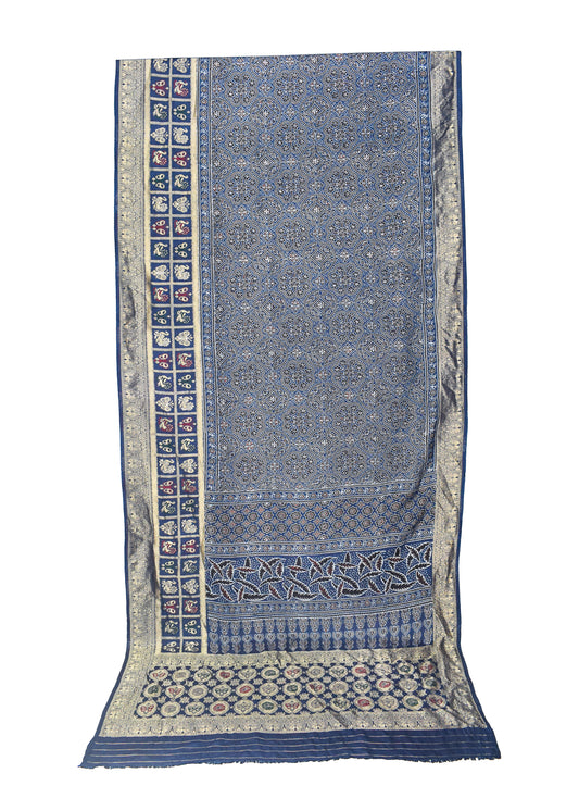 Ajrakh Dola Silk Natural Dye Hand Block Print Saree With Full nakshi Border & Pallu - 5.5 Mtr Length + 0.85 Mtr Blouse Piece - SKU : KK23A01A