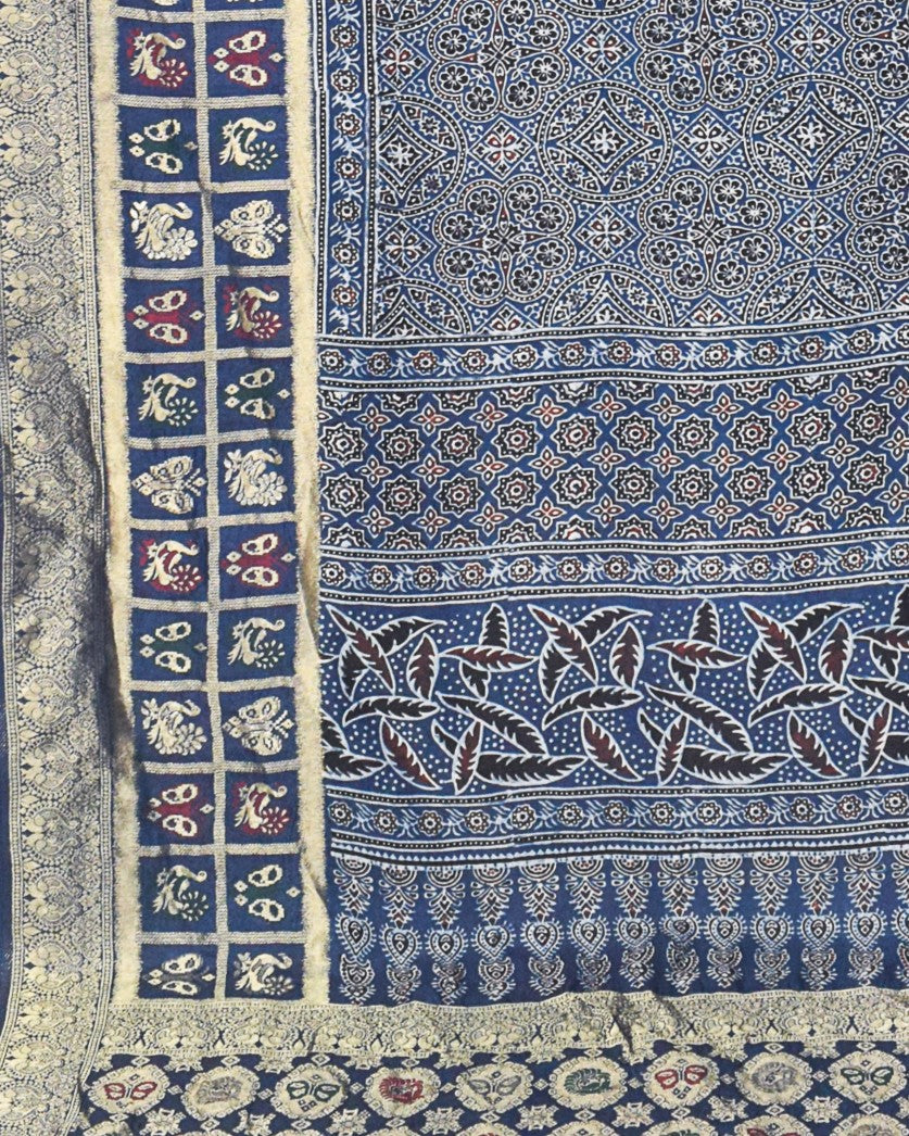 Ajrakh Dola Silk Natural Dye Hand Block Print Saree With Full nakshi Border & Pallu - 5.5 Mtr Length + 0.85 Mtr Blouse Piece - SKU : KK23A01A