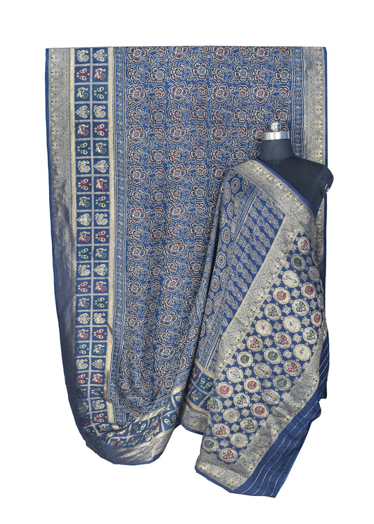 Ajrakh Dola Silk Natural Dye Hand Block Print Saree With Full nakshi Border & Pallu - 5.5 Mtr Length + 0.85 Mtr Blouse Piece - SKU : KK23A01A