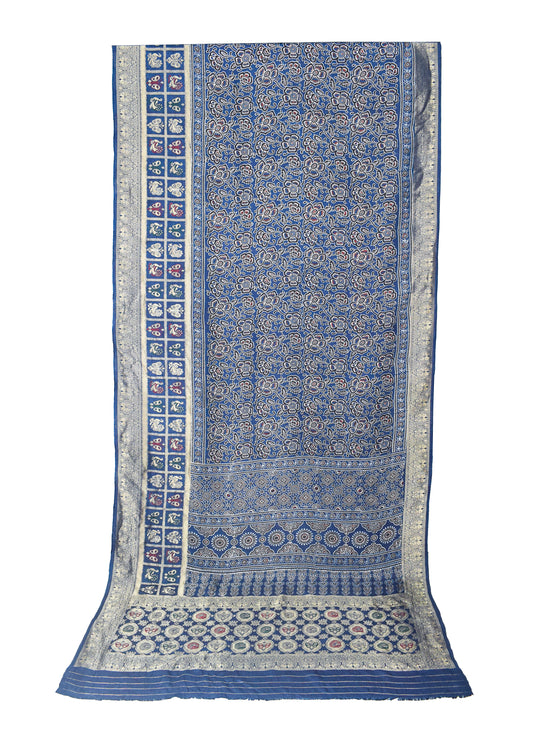 Ajrakh Dola Silk Natural Dye Hand Block Print Saree With Full nakshi Border & Pallu - 5.5 Mtr Length + 0.85 Mtr Blouse Piece - SKU : KK23A01A