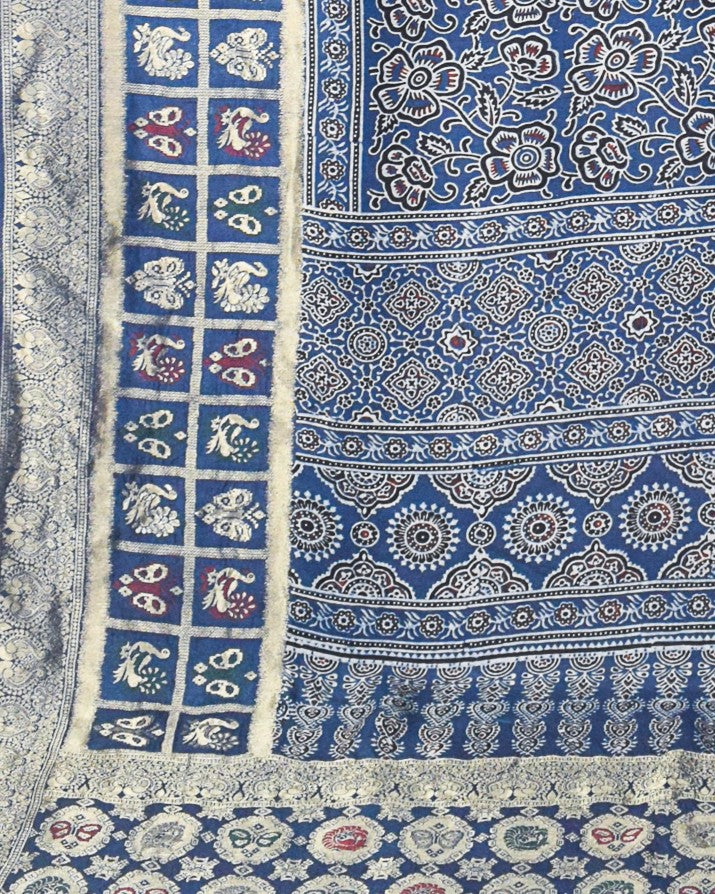 Ajrakh Dola Silk Natural Dye Hand Block Print Saree With Full nakshi Border & Pallu - 5.5 Mtr Length + 0.85 Mtr Blouse Piece - SKU : KK23A01A