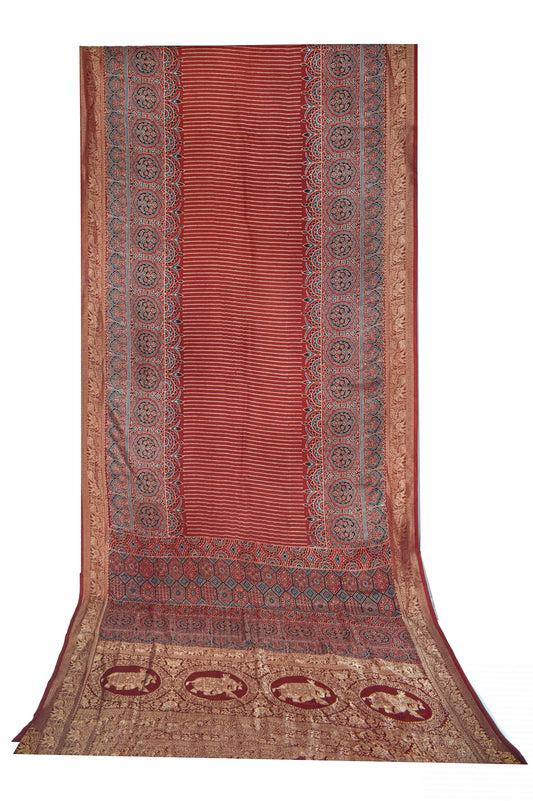 Ajrakh Dola Silk Natural Dye Hand Block Print Saree With Full nakshi Border & Pallu - With Blouse Piece - 5.5 Mtr Length - SKU : KK28801A