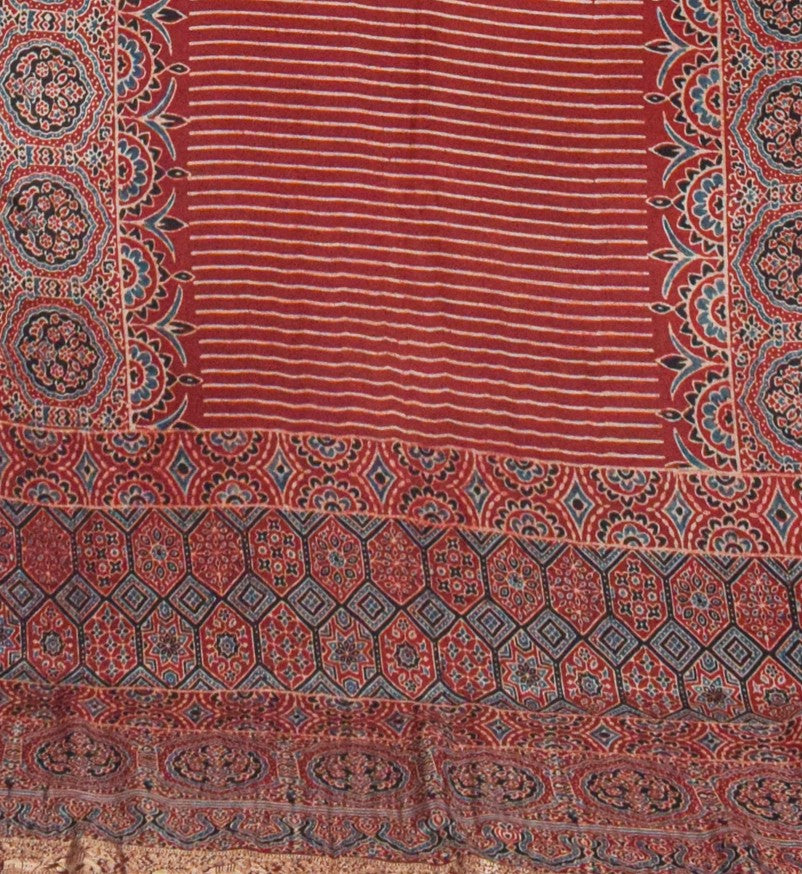 Ajrakh Dola Silk Natural Dye Hand Block Print Saree With Full nakshi Border & Pallu - With Blouse Piece - 5.5 Mtr Length - SKU : KK28801A