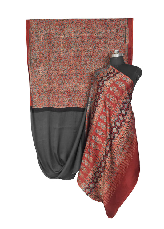 Ajrakh Modal Silk Part Natural Dye Half Plain Dyeing Hand Block Print Saree with 5.5 Mtr Length + 0.85 Mtr Blouse Piece - SKU : ZD30B01B