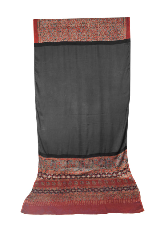 Ajrakh Modal Silk Part Natural Dye Half Plain Dyeing Hand Block Print Saree with 5.5 Mtr Length + 0.85 Mtr Blouse Piece - SKU : ZD30B01B