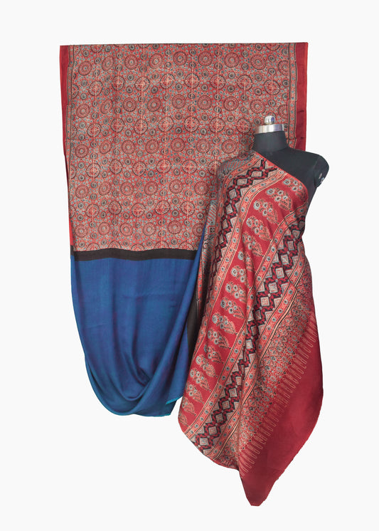 Ajrakh Modal Silk Part Natural Dye Half Plain Dyeing Hand Block Print Saree with 5.5 Mtr Length + 0.85 Mtr Blouse Piece - SKU : ZD30B01G