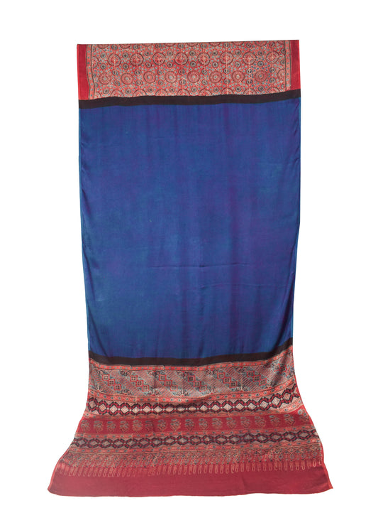 Ajrakh Modal Silk Part Natural Dye Half Plain Dyeing Hand Block Print Saree with 5.5 Mtr Length + 0.85 Mtr Blouse Piece - SKU : ZD30B01G