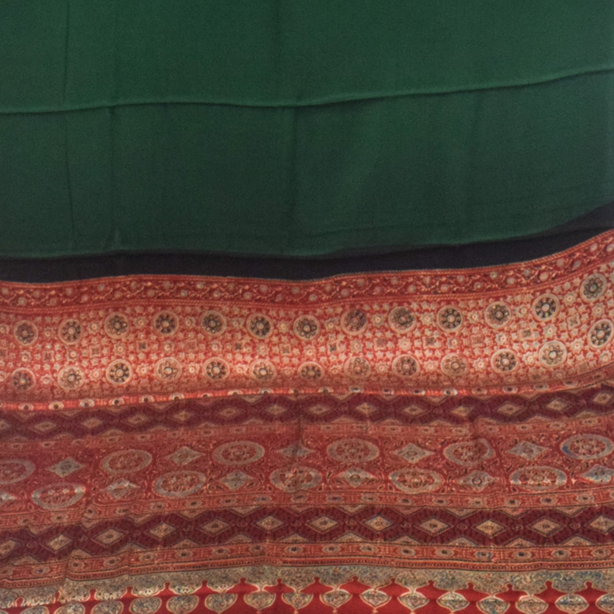 Ajrakh Modal Silk Part Natural Dye Half Plain Dyeing Hand Block Print Saree with Blouse Piece - 5.5 Mtr Length - SKU : ZD27701E