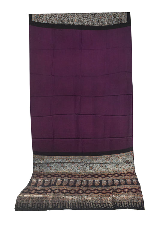Ajrakh Modal Silk Part Natural Dye Half Plain Dyeing Hand Block Print Saree with Blouse Piece - 5.5 Mtr Length - SKU : ZD27701C