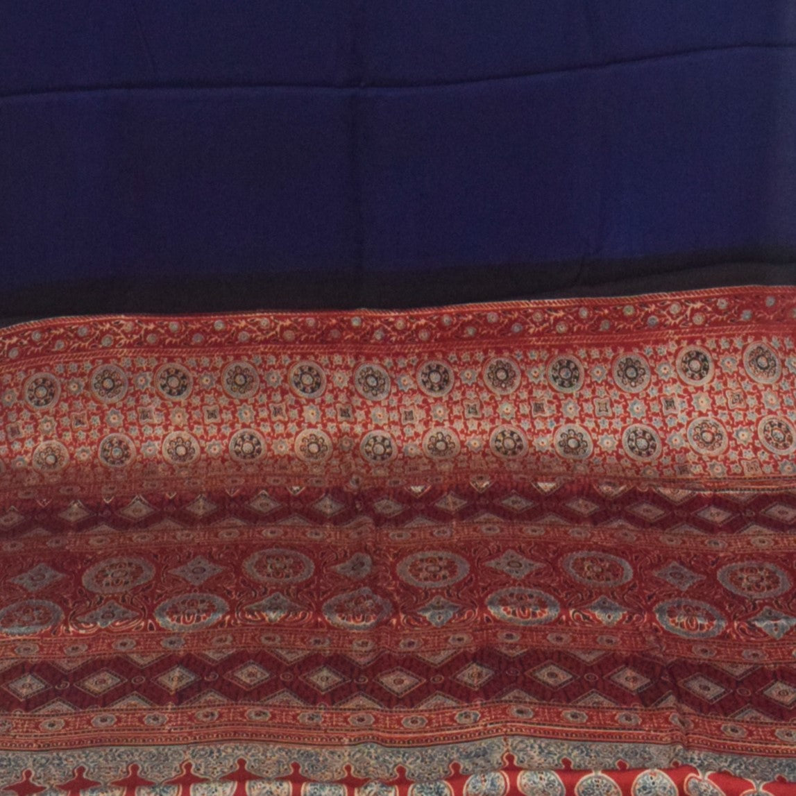 Ajrakh Modal Silk Part Natural Dye Half Plain Dyeing Hand Block Print Saree with Blouse Piece - 5.5 Mtr Length - SKU : ZD27701D