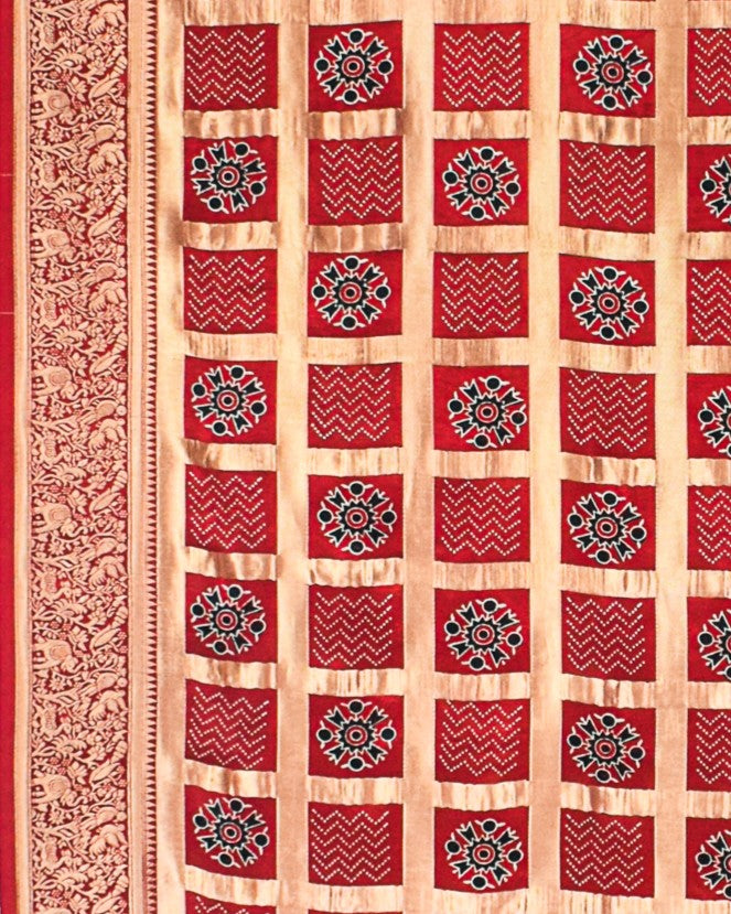 Ajrakh Modal Silk Nepthol Dye Screen Print Gharchola Design Saree with Blouse Piece - 5.5 Mtr Length - SKU : KK01C01D