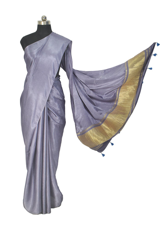 Plain Dyeing Modal Silk Golden Border Saree with Tassels - With Blouse Piece - 5.5 Mtr Length - SKU : AI04102G