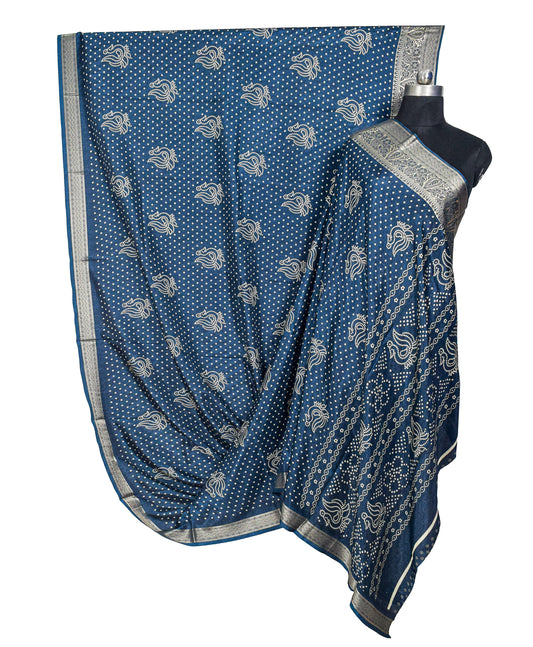 Bandhej Print Linen Nakshi Border Saree - 5.5 Mtr Length - SKU : ZD22101B