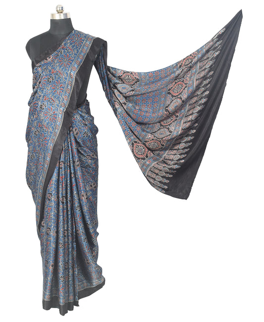 Ajrakh Mashru Silk Natural Dye Hand Block Print Saree with Blouse Piece - 5.5 Mtr Length - SKU : EK06201A