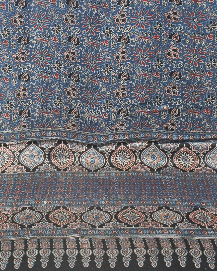 Ajrakh Mashru Silk Natural Dye Hand Block Print Saree with Blouse Piece - 5.5 Mtr Length - SKU : EK06201A