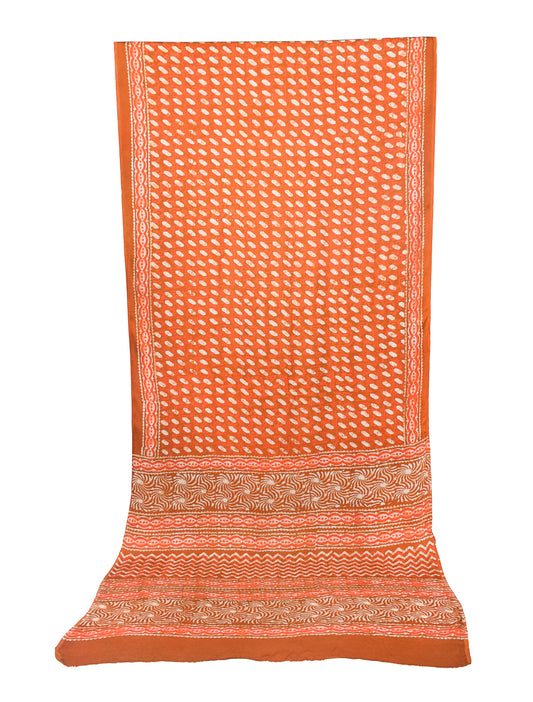 Wax Batik Modal Silk Three Colour Print Hand Block Print Saree with Blouse Piece - 5.5 Mtr Length - SKU : KK18203B