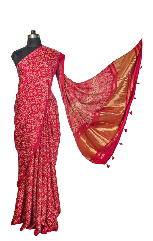 Ajrakh Modal Silk Lagdi Patto with Tassels Screen Print Hand Printed Saree - With Blouse Piece - 5.5 Mtr Length - SKU : ID04C01A