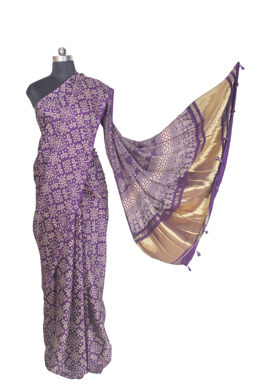 Ajrakh Modal Silk Lagdi Patto with Tassels Screen Print Hand Printed Saree - With Blouse Piece - 5.5 Mtr Length - SKU : ID04C01E