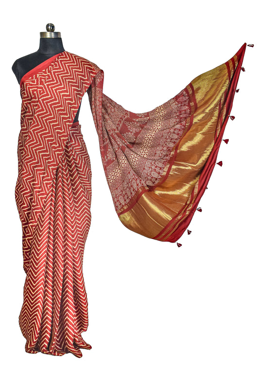 Laheryu Print Modal Silk Lagdi Patto with Tassels Screen Print Hand Printed Saree - With Blouse Piece - 5.5 Mtr Length - SKU : ID04C02C