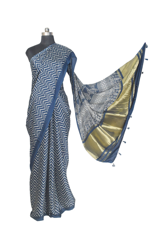 Laheryu Print Modal Silk Lagdi Patto with Tassels Screen Print Hand Printed Saree - With Blouse Piece - 5.5 Mtr Length - SKU : ID04C02A