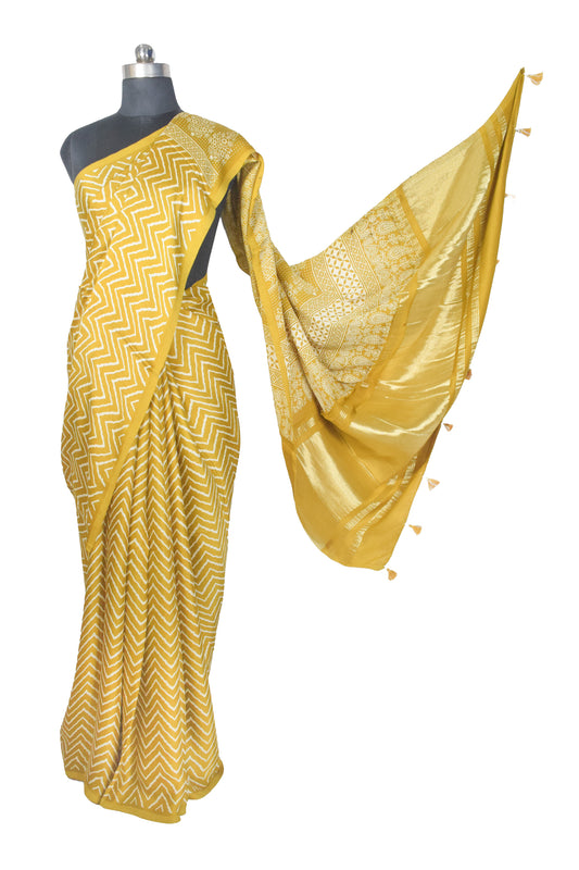 Laheryu Print Modal Silk Lagdi Patto with Tassels Screen Print Hand Printed Saree - With Blouse Piece - 5.5 Mtr Length - SKU : ID04C02B