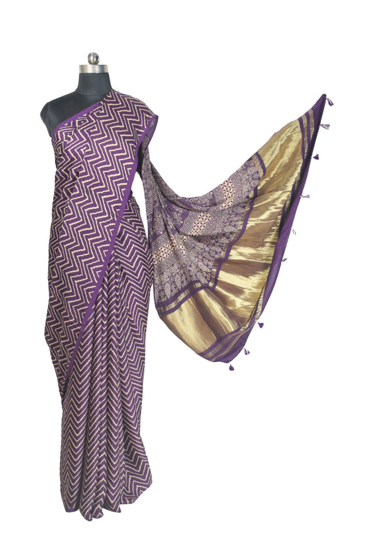Laheryu Print Modal Silk Lagdi Patto with Tassels Screen Print Hand Printed Saree - With Blouse Piece - 5.5 Mtr Length - SKU : ID04C02D