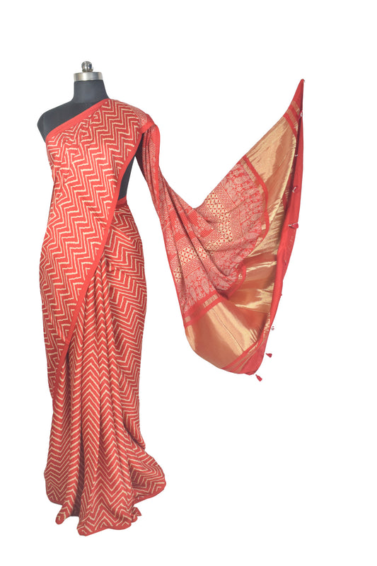 Laheryu Print Modal Silk Lagdi Patto with Tassels Screen Print Hand Printed Saree - With Blouse Piece - 5.5 Mtr Length - SKU : ID04C02E